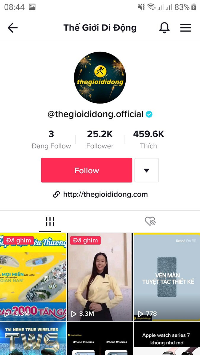 Giao diện sau khi đã hủy follow thành công một tài khoản