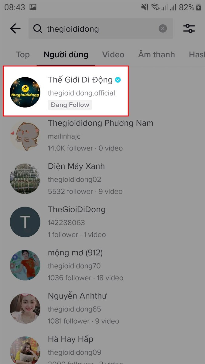 Chọn tài khoản người dùng bạn muốn bỏ theo dõi