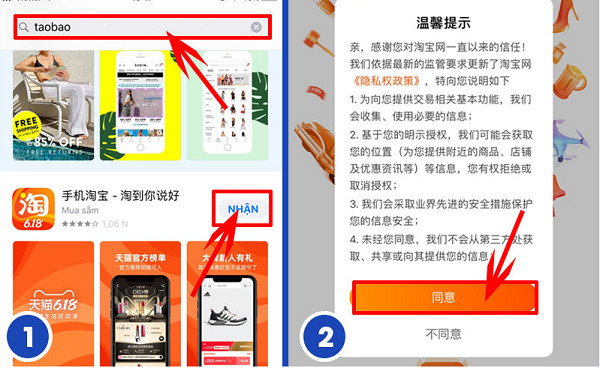 Đồng ý điều khoản sử dụng khi mở app Taobao