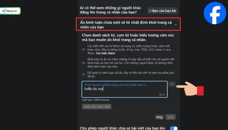 Nhập từ khóa để ẩn bình luận trên Facebook