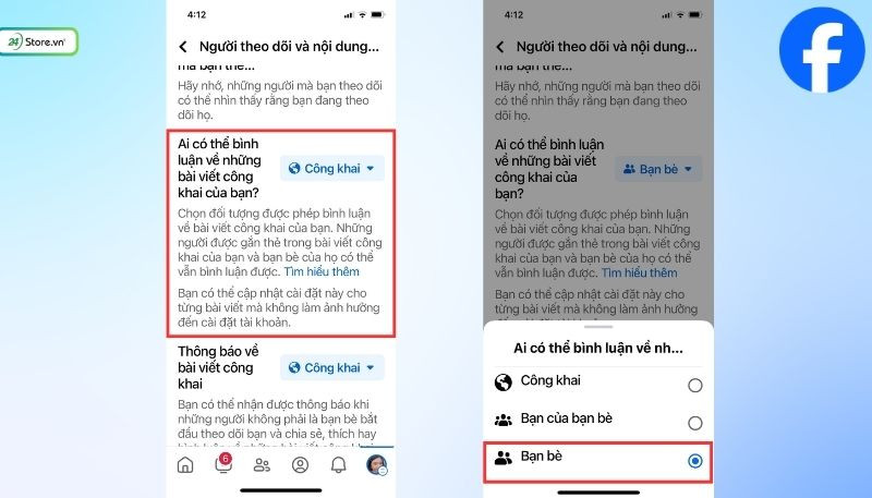 Chọn đối tượng bình luận bài viết công khai trên điện thoại