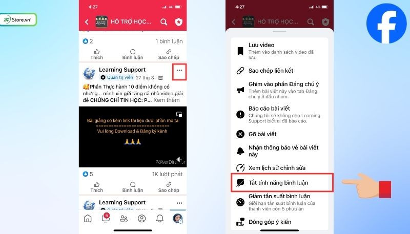 Tùy chọn tắt tính năng bình luận trên nhóm hoặc Fanpage (điện thoại)