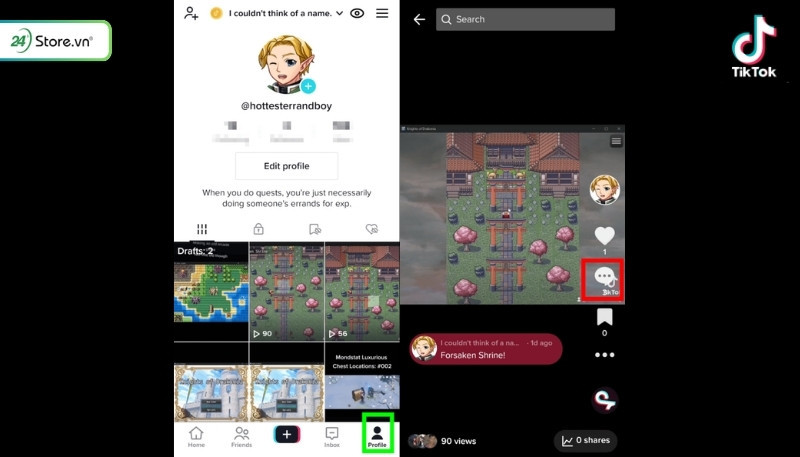 Giao diện TikTok trên điện thoại, minh họa chọn mục "Tôi" để bỏ ghim bình luận