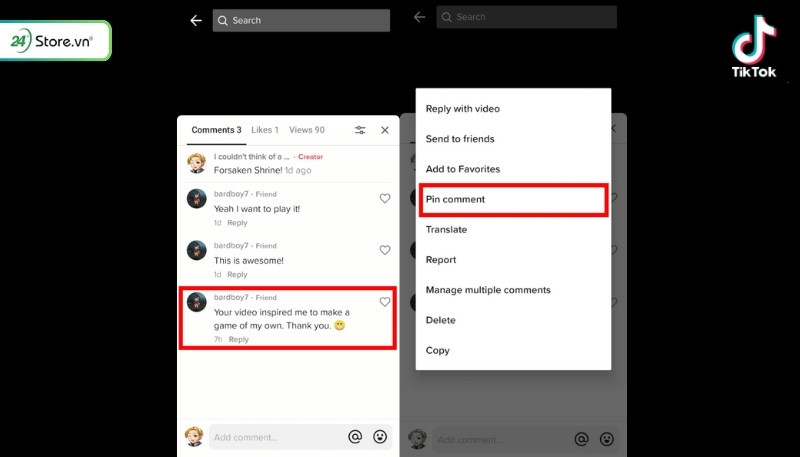 Giao diện bình luận của video TikTok, minh họa nhấn giữ bình luận đã ghim