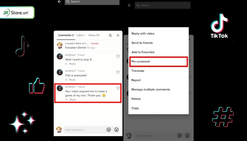 Tùy chọn "Ghim bình luận" hiển thị trên điện thoại Android