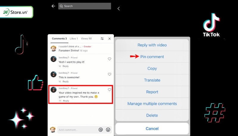 Màn hình TikTok trên iPhone, minh họa nhấn giữ bình luận muốn ghim