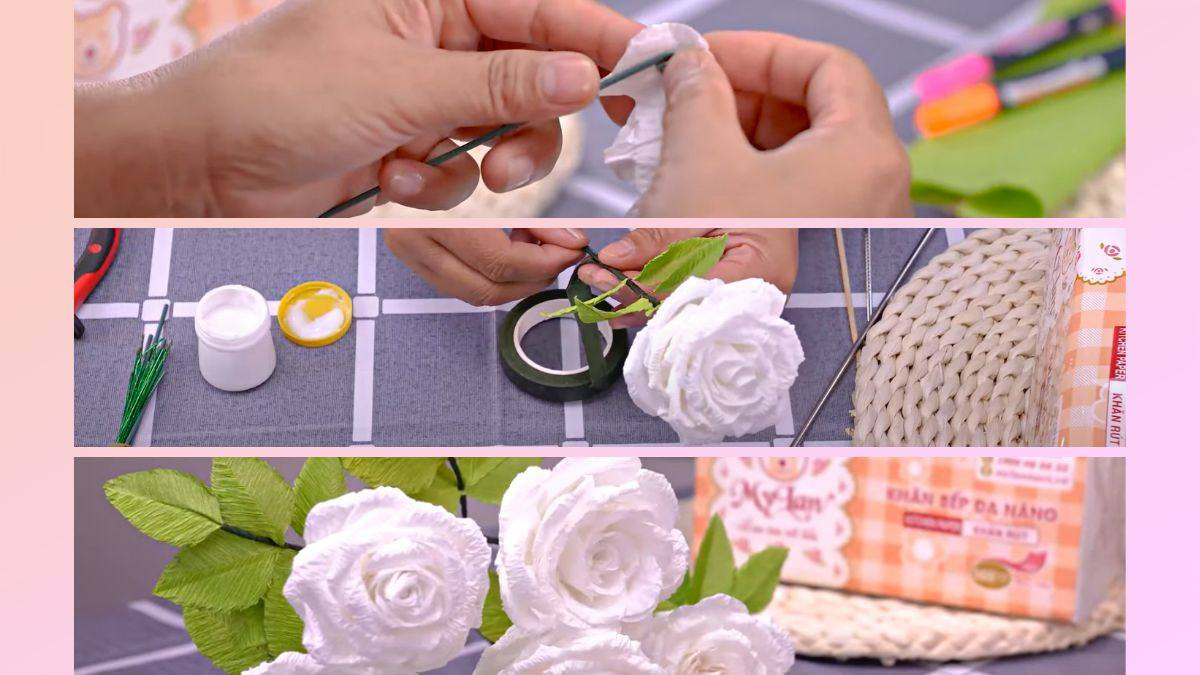 Hoàn thiện bông hoa bằng cách gắn nhụy, cánh và lá vào cành kẽm