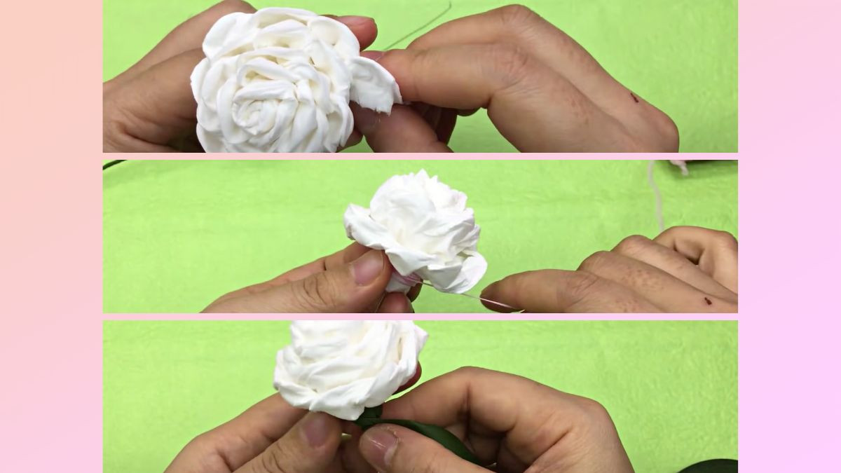 Cố định hoa bằng chỉ và quấn băng keo sáp xanh để làm cành