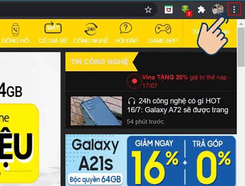 Chọn biểu tượng dấu ba chấm trên Google Chrome