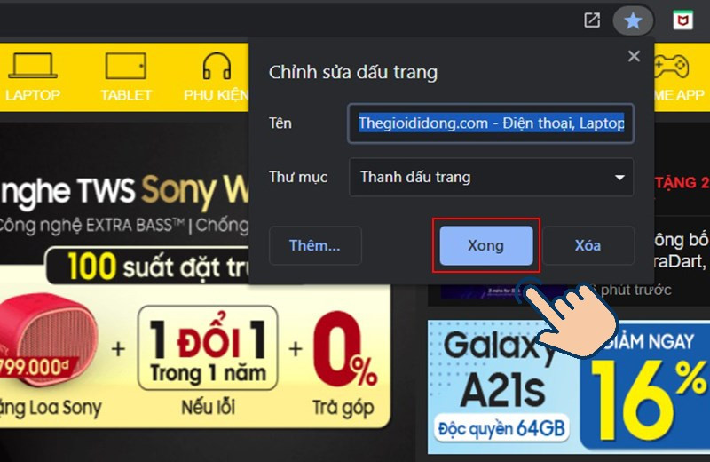 Hộp thoại chỉnh sửa tên và thư mục dấu trang