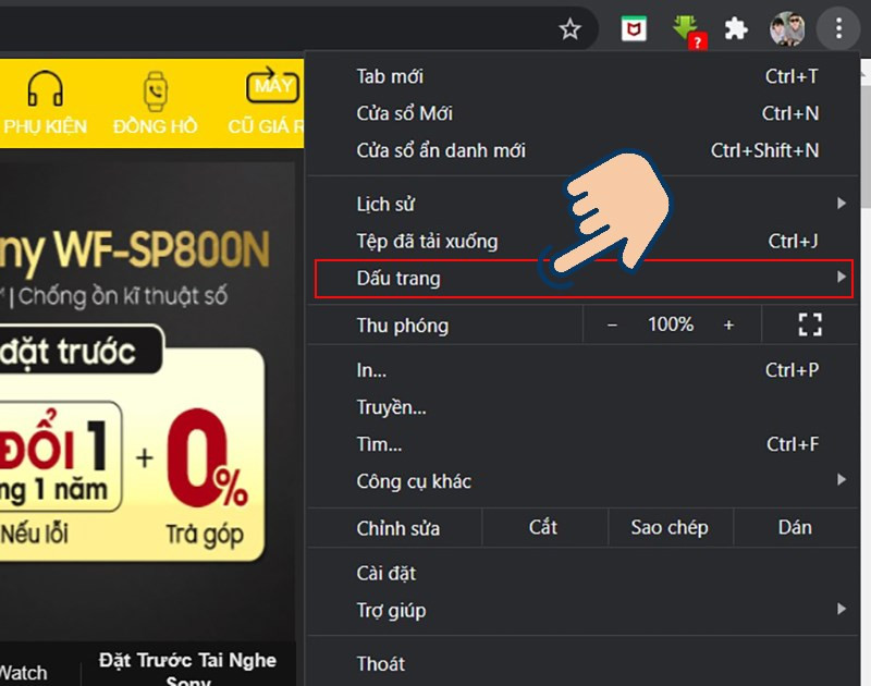 Chọn mục Dấu trang từ menu của Chrome