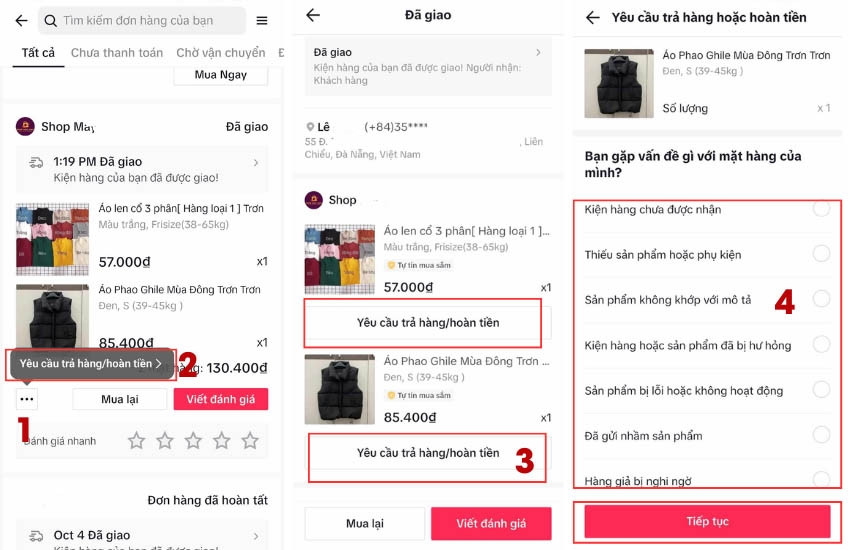 Chọn lý do trả hàng để tiếp tục quy trình hoàn tiền trên TikTok