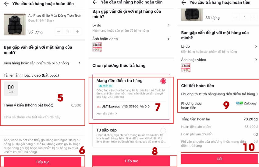 Chọn phương thức hoàn tiền và xác nhận yêu cầu trả hàng trên TikTok Shop