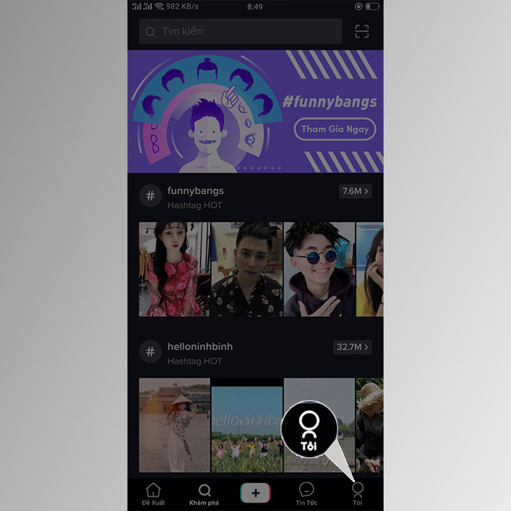 Giao diện hồ sơ TikTok, nhấn vào mục Tôi để bắt đầu