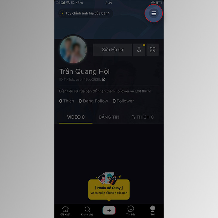 Biểu tượng ba gạch ngang (More) ở góc trên bên phải