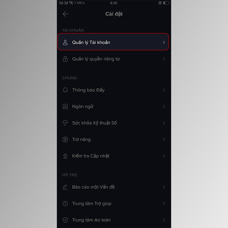 Trong cài đặt, chọn Quản lý Tài khoản