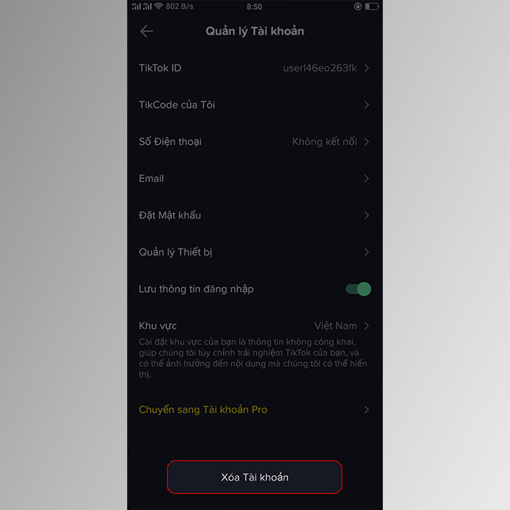 Chọn Xóa Tài Khoản từ menu quản lý tài khoản