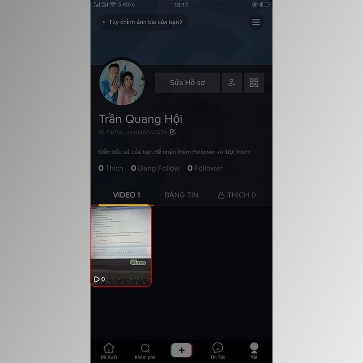 Giao diện chọn video cần xóa trong hồ sơ cá nhân