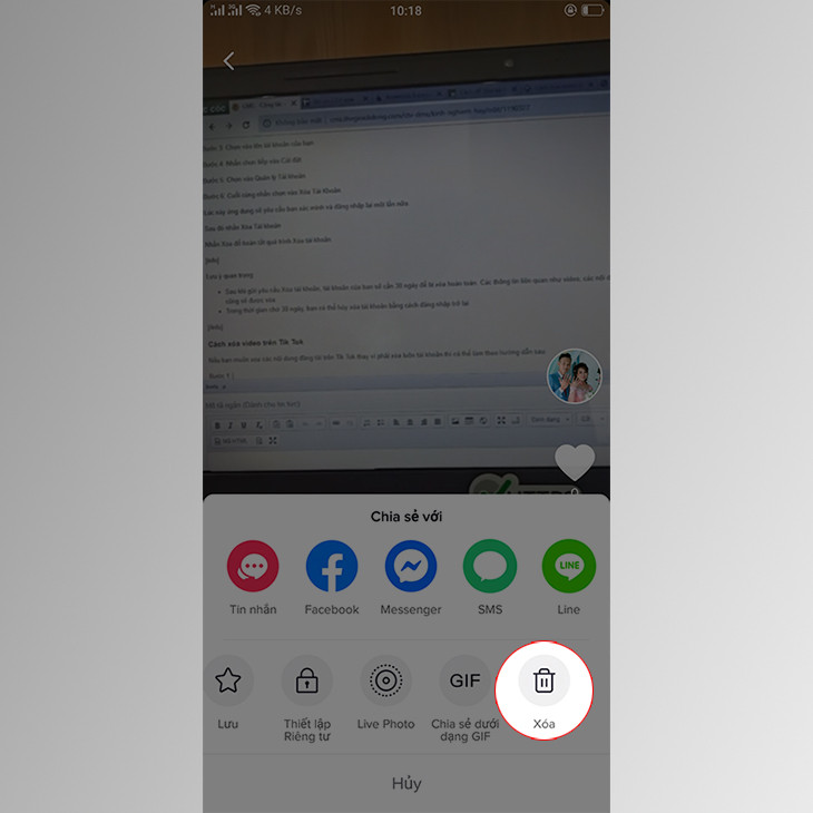 Nút Xóa để xác nhận việc xóa video trên TikTok