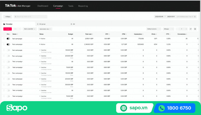 Giao diện trang quản trị quảng cáo TikTok