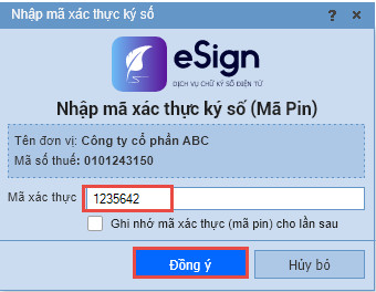Giao diện nhập mã xác thực chữ ký số eSign