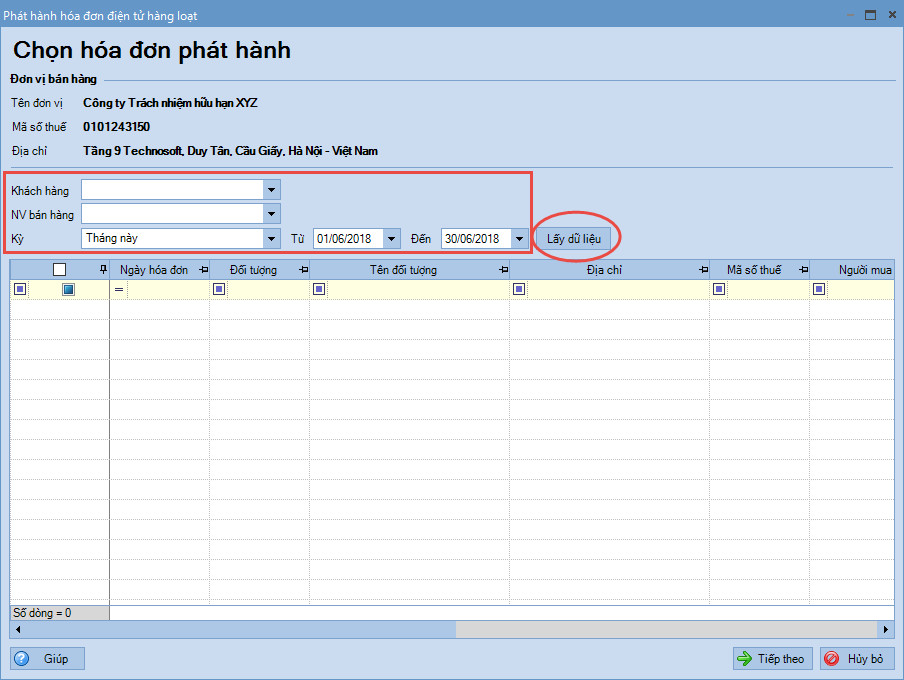 Giao diện tìm kiếm hóa đơn cần phát hành hàng loạt