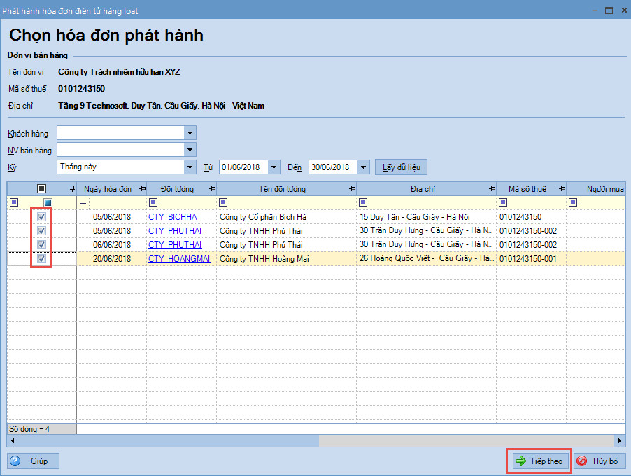 Chọn các hóa đơn cần phát hành từ danh sách