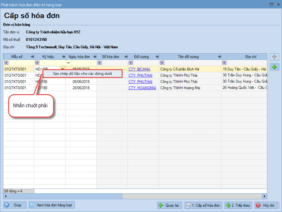 Tính năng sao chép dữ liệu nhanh cho các dòng hóa đơn dưới