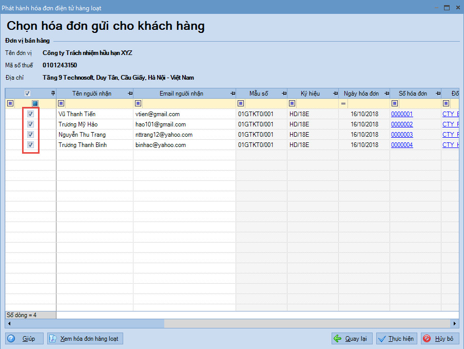 Tùy chọn gửi email thông báo hóa đơn điện tử cho khách hàng