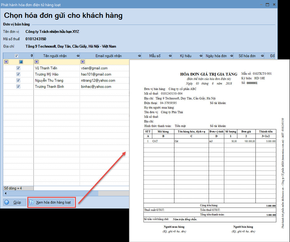 Nút xem trước hóa đơn hàng loạt trước khi phát hành