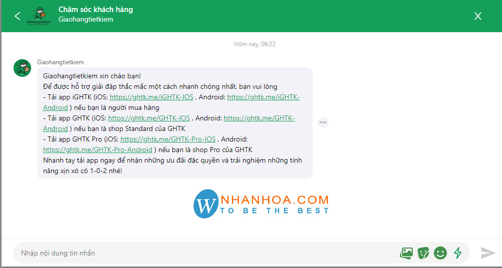 Giao diện tin nhắn chat hỗ trợ khách hàng của GHTK