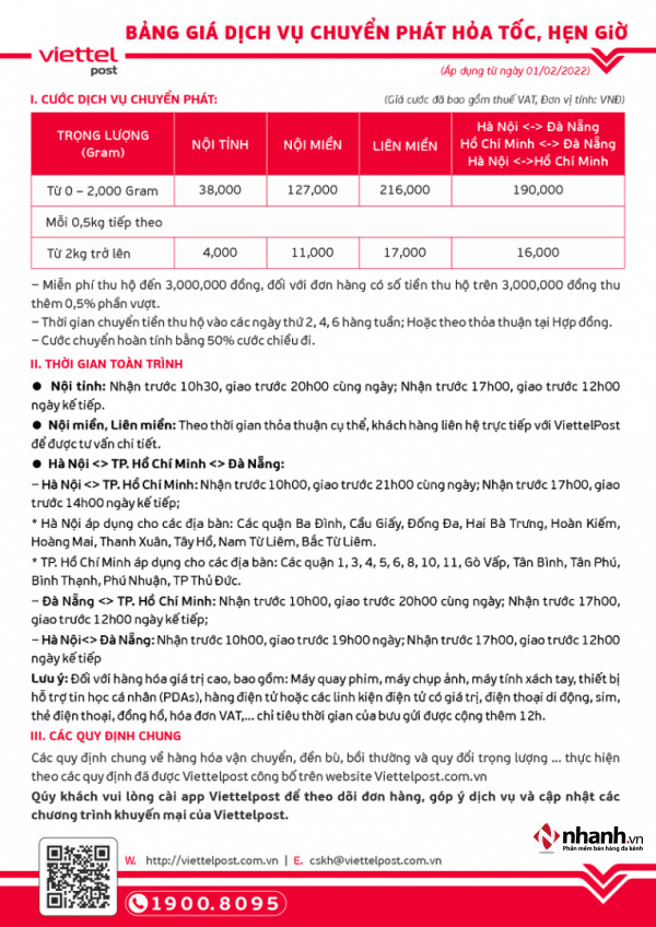 Bảng cước phí dịch vụ chuyển phát hỏa tốc và hẹn giờ của Viettel Post