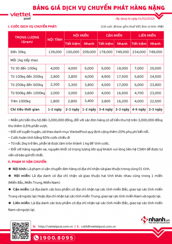 Bảng cước phí dịch vụ chuyển phát hàng nặng của Viettel Post