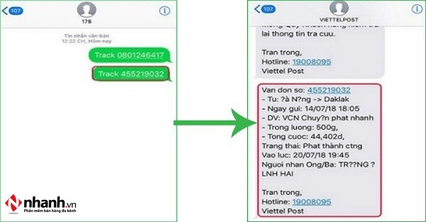 Ví dụ tin nhắn tra cứu vận đơn Viettel Post qua tổng đài 178