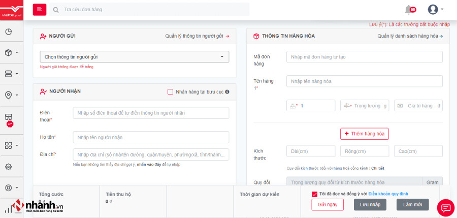 Mẫu điền thông tin người nhận và hình thức gửi hàng