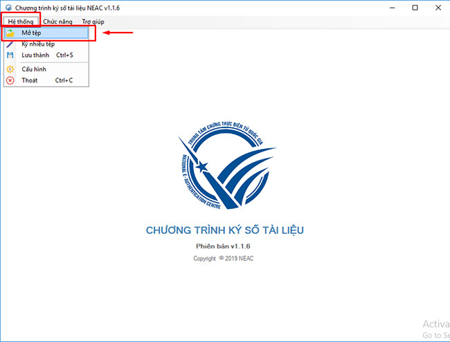 Mở phần mềm ký số tài liệu của NEAC và chọn chức năng mở tệp văn bản cần kiểm tra
