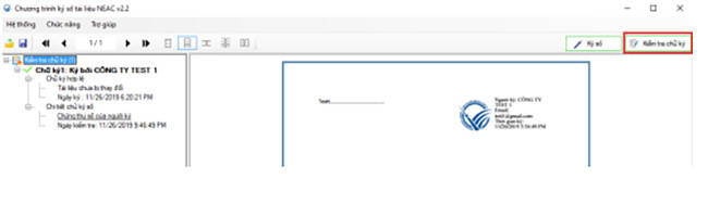 Nhấn kiểm tra chữ ký để xem trạng thái hợp lệ của văn bản ký số