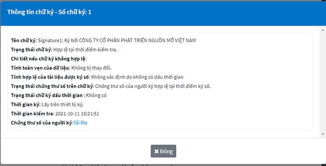 Chữ ký số hợp lệ sẽ được thông báo trạng thái hợp lệ tại thời điểm kiểm tra