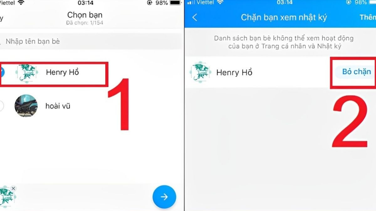 Danh sách bạn bè để chọn chặn xem nhật ký Zalo