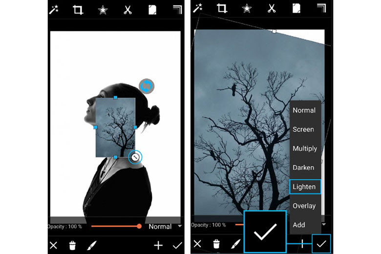 Giao diện PicsArt với tùy chọn xoay ảnh và chế độ hòa trộn "Lighten" trong hiệu ứng Double Exposure.