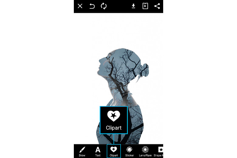 Màn hình PicsArt với nút "Clipart" để thêm các yếu tố trang trí vào ảnh.