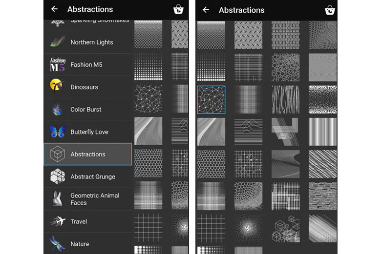 Trong PicsArt, chọn mục "Abstractions" từ Clipart để chọn hình trang trí.
