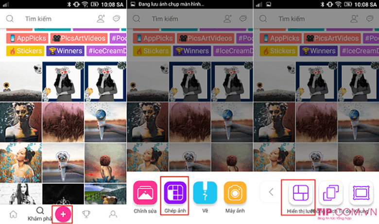 Chọn biểu tượng dấu cộng và mục "Ghép ảnh" để bắt đầu ghép ảnh vào khung trong PicsArt.