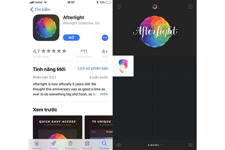 Ảnh minh họa giao diện ứng dụng Afterlight để ghép ảnh chồng hình.