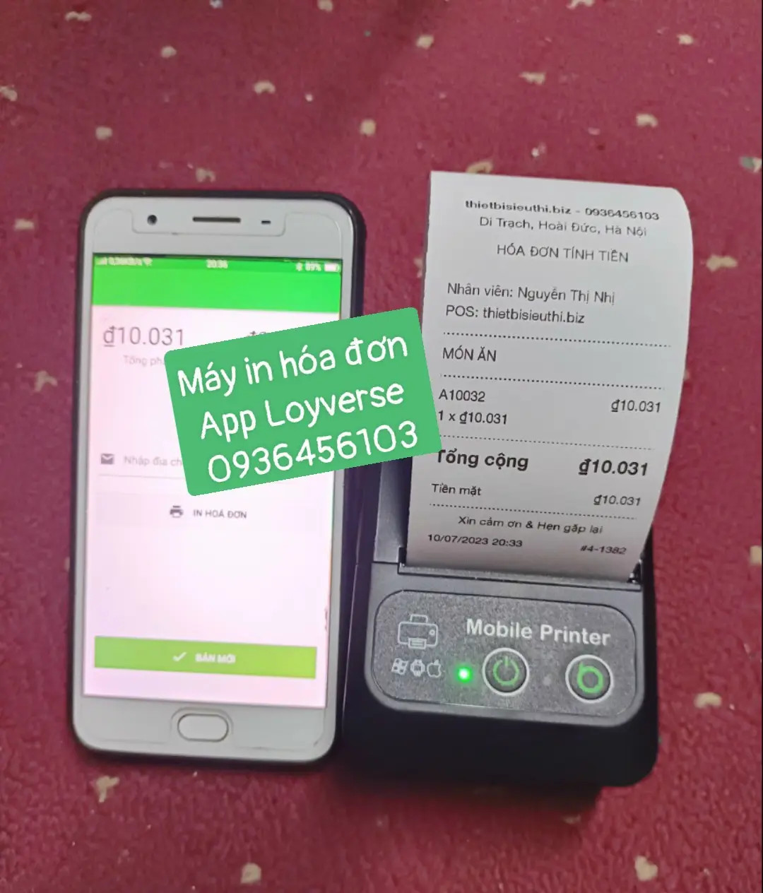 Máy in hóa đơn di động K57mm hiển thị ứng dụng Loyverse