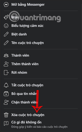 Chọn "Xóa cuộc trò chuyện" trong cài đặt nhóm trên Messenger PC