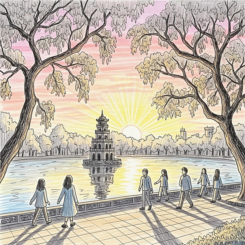 Tranh vẽ Em yêu Hà Nội đơn giản cho học sinh lớp 6 với các chi tiết dễ vẽ