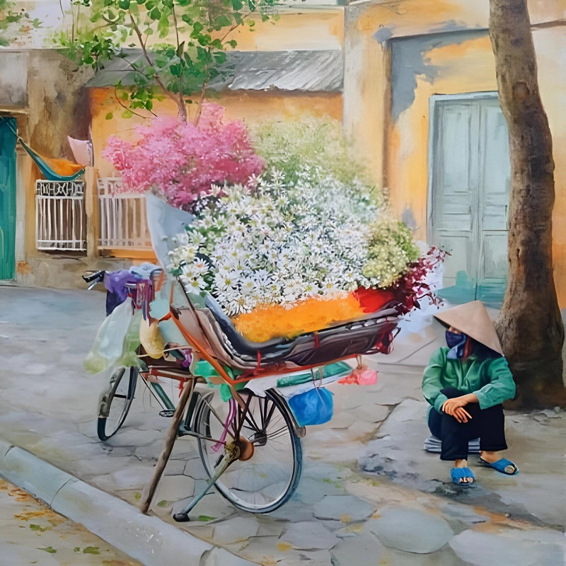 Tranh vẽ Em yêu Hà Nội với nhiều màu sắc rực rỡ và cảnh phố phường tấp nập