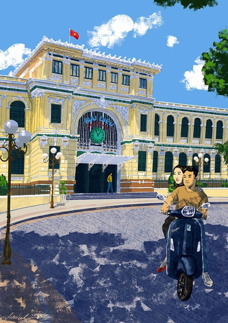 Bức tranh sáng tạo chủ đề Em yêu Hà Nội với các biểu tượng đặc trưng