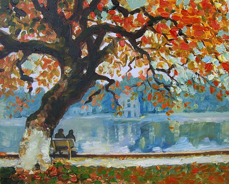 Tranh vẽ danh lam thắng cảnh Hà Nội nổi bật với Cầu Thê Húc